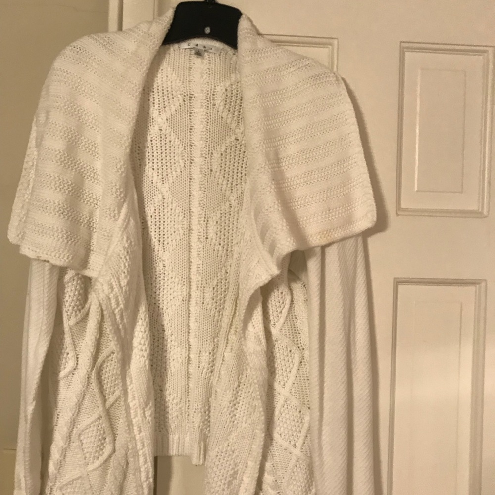 CABI White Cable Knit Sweater with shawl collar